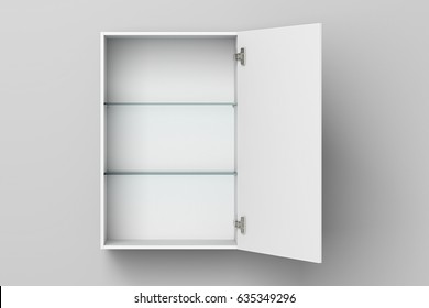 Open Empty White Bathroom Cabinet Isolated On White Wall With Clipping Path. 3d Illustration