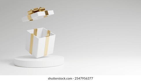 Open empty White Gift Boxes with Gold Ribbon on white background Podium, Black friday sale Promotion, poster, banners, background. 3d render