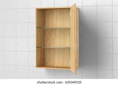 Open Empty Wooden Bathroom Cabinet Isolated On White Tiled Wall With Clipping Path. 3d Illustration