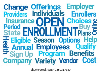 Open Enrollment Blue Word Cloud On White Background