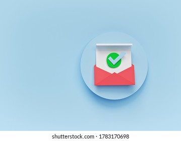 Open Envelope With A Check Mark Symbol. Official Confirmation Message, Mail Sent Successfully, Verification Email. Minimal Design. 3d Rendering