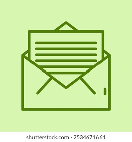 Open envelope, email invitation, read mail, newsletter, letter vector icon in line style design for website, app, UI, green outline  on light green background  - Powered by Shutterstock