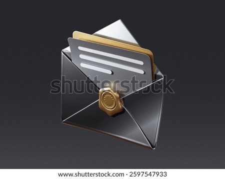 Open envelope with note paper card, mail. Postal message, post mail, email, business document, correspondence concept. 3d render icon. black background