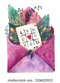 Open envelope with valentine card and floral decor. Encrypted love message. Rebus with hidden message I love you. Hand drawn watercolor illustration.