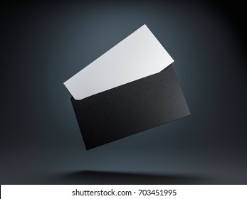 Open Envelope With White Invitation Or Letter Mockup Inside On Black Background, 3d Rendering