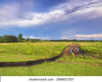 Open field, once ranchland, now an early-stage construction site with plastic fence that runs past ruts made by earth movers in west central Florida, with digital impasto effect. 3D rendering.