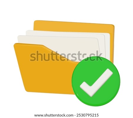 Open folder with green check mark 3d icon on white background.