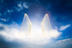 Open Gates Of Heaven On A Bright And Cloudy Background / 3D Illustration