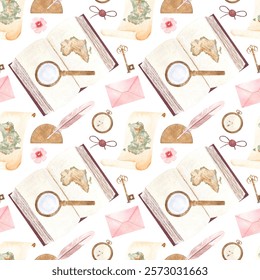 Open geography book with Afrika's map, magnifying glass, pocket watch, protractor watercolor seamless pattern isolated on white. Hand painted for bookstore, geography vintage design, wrapping paper.