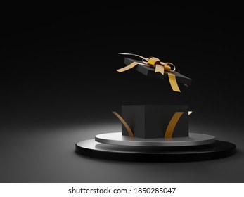 Open Gift Box Color Black Tie With Metallic Gold Ribbon Above The Metal Stage For Product Presentation, Trendy Luxury Style On Dark Background For Christmas Celebration With Empty Space, 3D Rendering