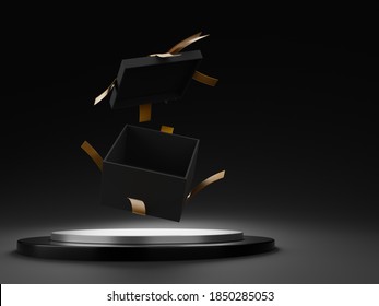 Open Gift Box Color Black Tie With Metallic Gold Ribbon Above The Metal Stage For Product Presentation, Trendy Luxury Style On Dark Background For Christmas Celebration With Empty Space, 3D Rendering