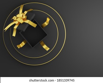 Open Gift Box Color Black Top View With Golden Ribbon Above The Metal Stage For Product Presentation, Trendy Luxury Style On Dark Background For Christmas Celebration With Empty Space, 3D Rendering