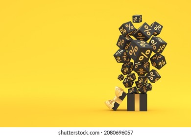 Open gift box and cubes with the image of percent on a yellow background. 3d render illustration.