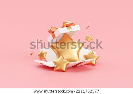 Open gift box five star service rating icon isolated on best quality 3d background surprise promotion package present symbol or sale discount prize sign and celebration shop delivery shopping award.