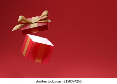 Open gift box. Light emanating from a gift. Surprise. Red background. Banner, place for text. 3D render.