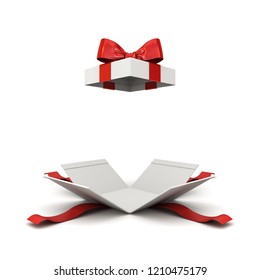 Open Gift Box Or Present Box With Red Ribbon Bow Isolated On White Background With Shadow 3D Rendering