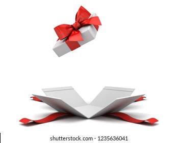 Open Gift Box Or Present Box With Red Ribbon Bow Isolated On White Background With Shadow 3D Rendering