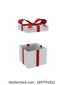 Open Gift Box , Present Box With Red Metallic Ribbon Bow Isolated On White Background.3D Rendering.