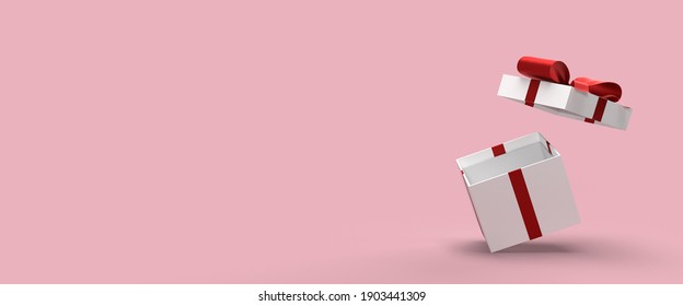 Open gift box , present box with red metallic ribbon bow isolated on pink background.3D rendering.