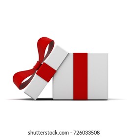 Open Gift Box And Present Box With Red Ribbon Bow Isolated On White Background With Shadow . 3D Rendering.