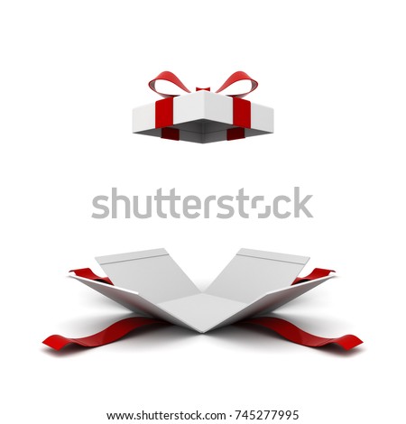 Open gift box , present box with red ribbon bow isolated on white background with shadow . 3D rendering.