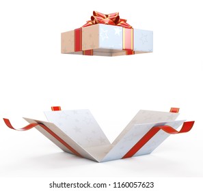 Open Gift Box With Red Bow And Ribbon, Present Exploding 3d Rendering