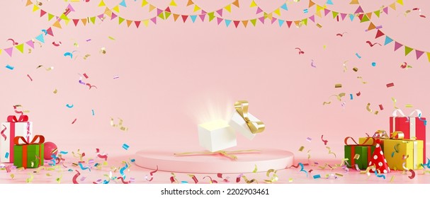 Open gift box set on circle podium and several gift boxes on stage decorated with party decorations, 3D Render