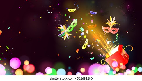 Open gift box with Traditional Festive carnival mask, flying confetti. Beautiful concept design for Night Party Poster, Flyer, Musical Party Banner, Carnival Invitation, Greeting card   illustration - Powered by Shutterstock