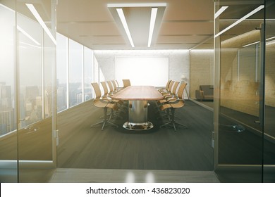 Open Glass Door Revealing Modern Conference Room Interior With Ceiling Lamps, Blank Whiteboard On Brick Wall, Wooden Floor And Panoramic Window With City View. 3D Rendering