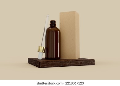 Open Glass Moisturizing Face Serum With A Pipette On A Warm Background Standing On A Wooden Tray With Brown Cardboard Box Makeup Cosmetics. Mock Up. 3d Illustration