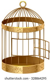 Open Gold Birdcage. An Empty Birdcage. Isolated Illustration