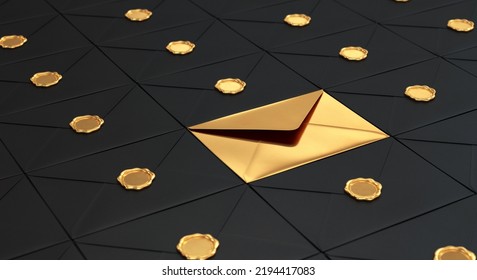 Open Gold Envelope Among Many Envelopes With Gold Seals, 3d Render