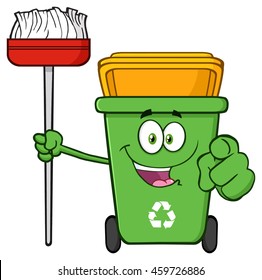 Open Green Recycle Bin Cartoon Mascot Character Holding A Broom And Pointing For Cleaning. Raster Illustration Isolated On White Background