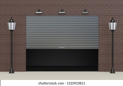 Open And Half Open Garage Rolling Shutter Gate Door With Brick Wall And Street Lights Mock Up Template, 3d Illustration. 