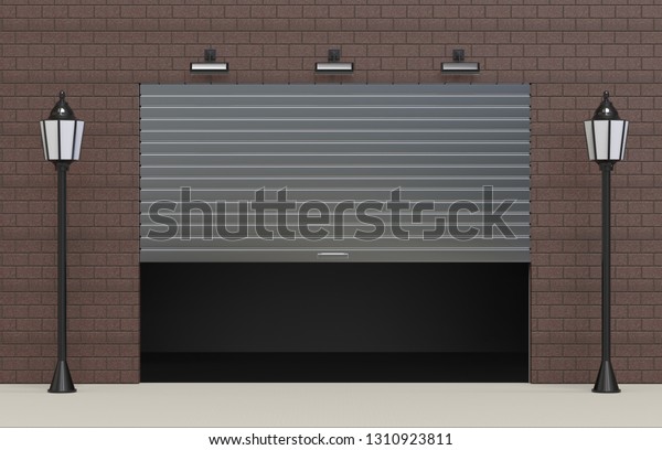 Open\
and Half open Garage Rolling Shutter Gate Door with Brick Wall and\
Street Lights mock up template, 3d illustration.\
