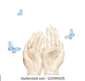 Open hand and blue butterfly. watercolor illustration andon white background