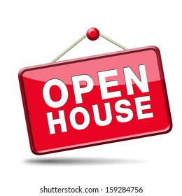 Open house sign banner or placard for renting or buying a new home visit a real estate property model house, red icon