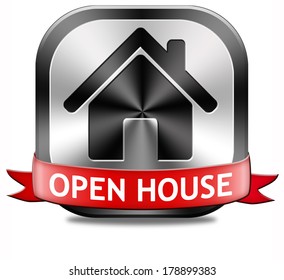 Open house sign banner or placard for renting or buying a new home visit a real estate property model house