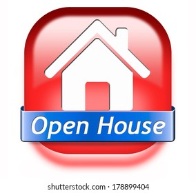 Open house sign red button banner or placard for renting or buying a new home visit a real estate property model house