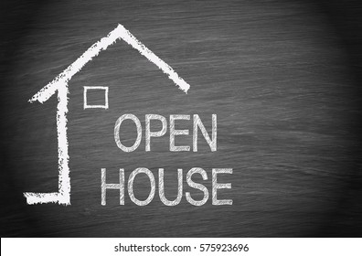 Open House - sketch of house or home with text on blackboard background with copy space for individual text - Powered by Shutterstock