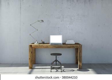 Open Laptop Computer On Desk In Office With Concrete Wall (3D Rendering)