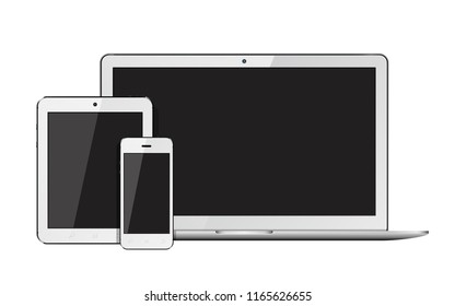 Open laptop, smartphone and tablet pc template for responsive design presentation. Isolated on white background.