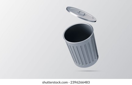 open large stainless steel trash can or container isolated on gray background, waste, copy space. Sign or symbol. 3D render