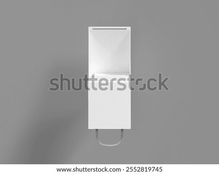 Open lid foldable triangle packaging mockup in front view, luxury triangle paper box with ribbon handle, empty design flip-open prism shape container, geometry gift box with product lock tray inside