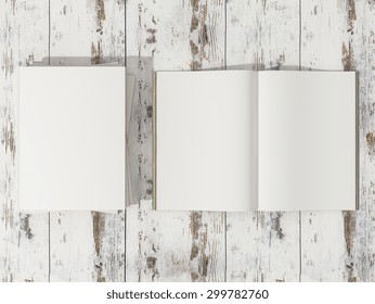 Open Magazine Cover With Blank White Page Mockup On Vintage Wooden Substrate High Resolution 