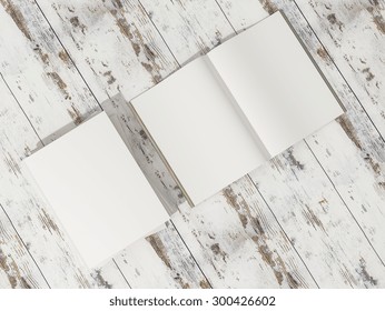 Open Magazine Cover With Blank White Page Mockup On Vintage Wooden Substrate High Resolution 