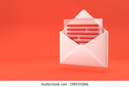 Open mail sign with transparent glass letter inside. Text information on the bright red background. Open envelope. Realistic concept. 3d rendering