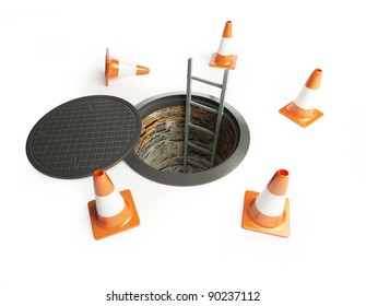 Open Manhole With A Ladder Inside On A White Background