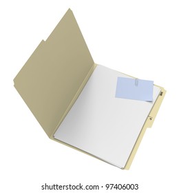 Open Manila Folder, Blue Post-it Note And Paper Clip White Background