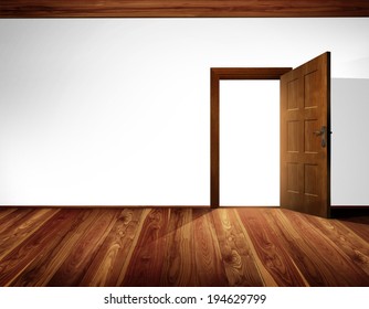 Open Massive Wooden Door With Architectural Element - Barrel Vault; White Wall With Decorative White Timber Ceiling Construction